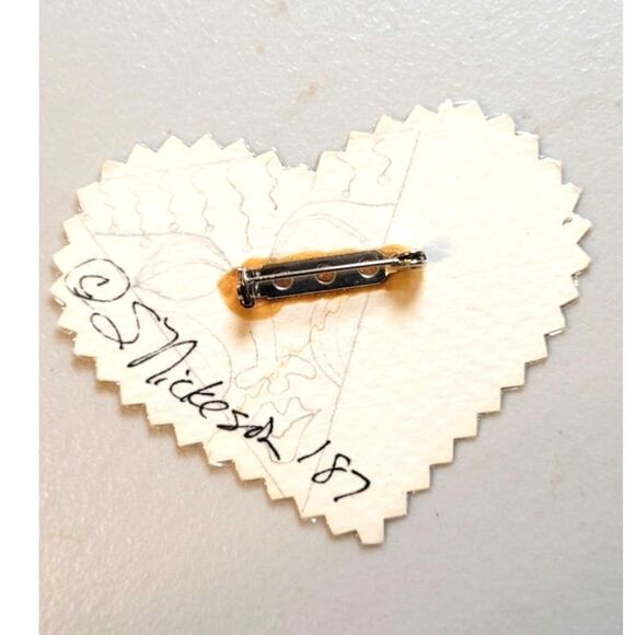Handmade Artisan Heart Brooch Bare Feet Design Inked On Paper 3" OOAK Folk Art - Picture 5 of 5